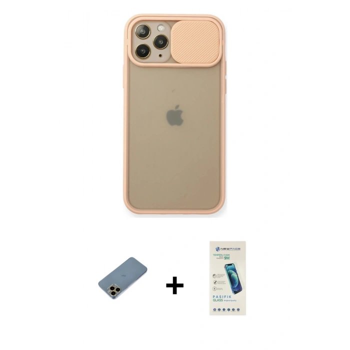 MARSİLYAN™- iPhone 11 Pro Kılıf Vadi Çizgi - Şeffaf Pasifik Cam Ekran Koruyucu + Shine Kamera Lens Koruma Cam - GD