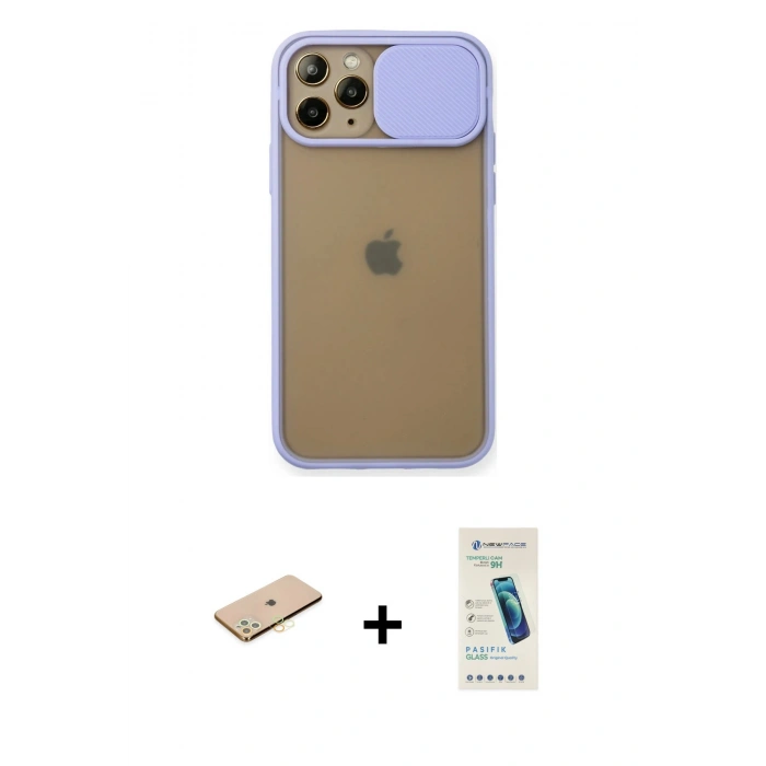 MARSİLYAN™- iPhone 11 Pro Kılıf Vadi Çizgi - Şeffaf Pasifik Cam Ekran Koruyucu + Renkli Kamera Lens Koruma Cam - PE