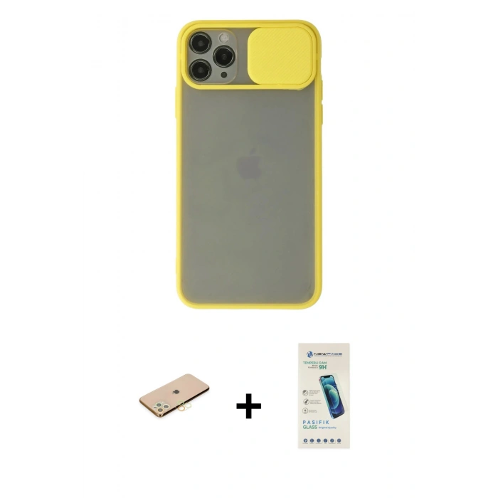 MARSİLYAN™- iPhone 11 Pro Kılıf Vadi Çizgi - Şeffaf Pasifik Cam Ekran Koruyucu + Renkli Kamera Lens Koruma Cam - PE