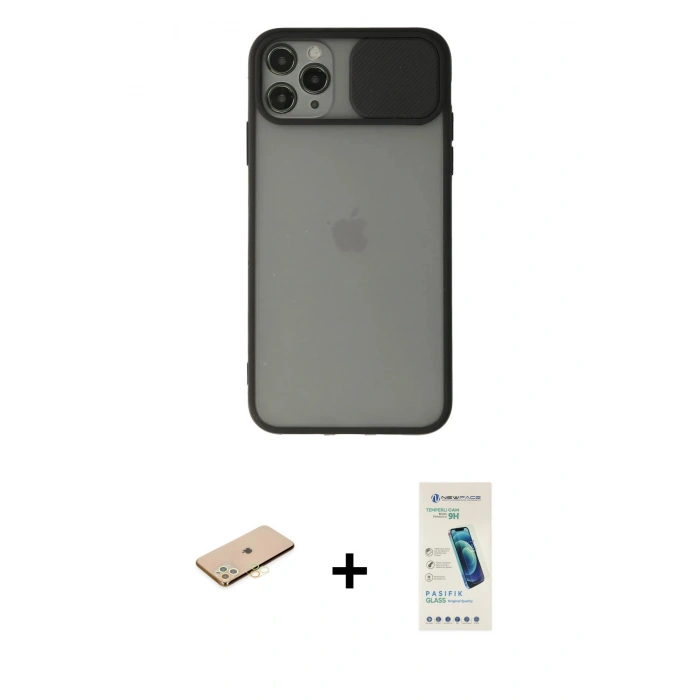 MARSİLYAN™- iPhone 11 Pro Kılıf Vadi Çizgi - Şeffaf Pasifik Cam Ekran Koruyucu + Renkli Kamera Lens Koruma Cam - PE