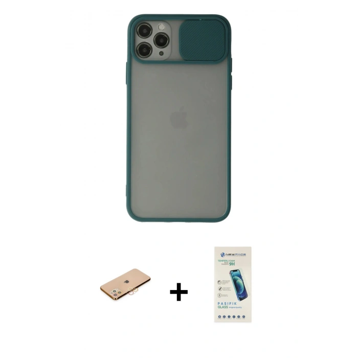 MARSİLYAN™- iPhone 11 Pro Kılıf Vadi Çizgi - Şeffaf Pasifik Cam Ekran Koruyucu + Renkli Kamera Lens Koruma Cam - TU