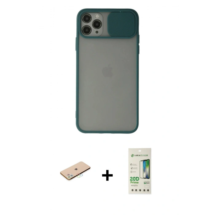 MARSİLYAN™- iPhone 11 Pro Kılıf Vadi Çizgi - Siyah 20D Premium Cam Ekran Koruyucu + Mavi Renkli Kamera Lens Koruma Cam
