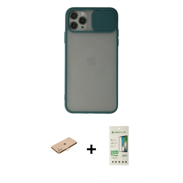 MARSİLYAN™- iPhone 11 Pro Kılıf Vadi Çizgi - Siyah 20D Premium Cam Ekran Koruyucu + Renkli Kamera Lens Koruma Cam - TU