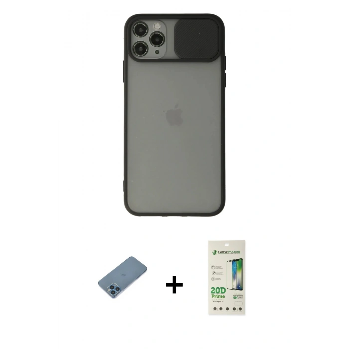 MARSİLYAN™- iPhone 11 Pro Kılıf Vadi Çizgi - Siyah 20D Premium Cam Ekran Koruyucu + Shine Kamera Lens Koruma Cam - MI