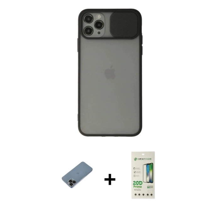 MARSİLYAN™- iPhone 11 Pro Kılıf Vadi Çizgi - Siyah 20D Premium Cam Ekran Koruyucu + Siyah Shine Kamera Lens Koruma Cam