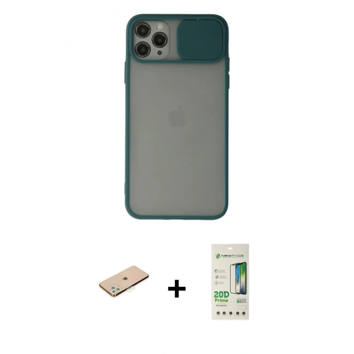 MARSİLYAN™- iPhone 11 Pro Kılıf Vadi Çizgi - Siyah 20D Premium Cam Ekran Koruyucu + Renkli Kamera Lens Koruma Cam - YL