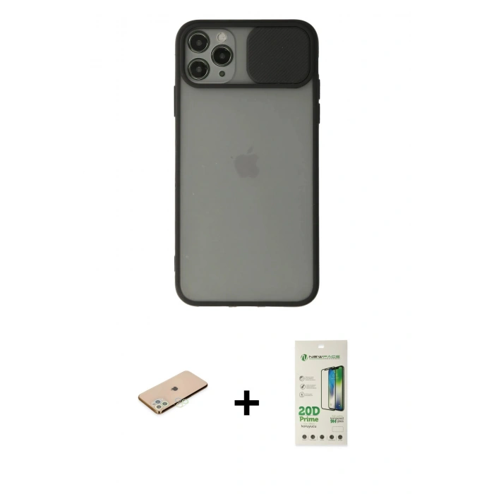 MARSİLYAN™- iPhone 11 Pro Kılıf Vadi Çizgi - Siyah 20D Premium Cam Ekran Koruyucu + Renkli Kamera Lens Koruma Cam - YL