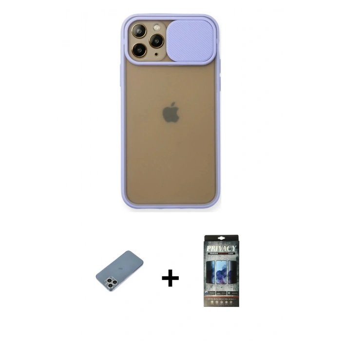 MARSİLYAN™- iPhone 11 Pro Kılıf Vadi Çizgi - Siyah 34D Hayalet Izgaralı Cam + Shine Kamera Lens Koruma Cam - GS