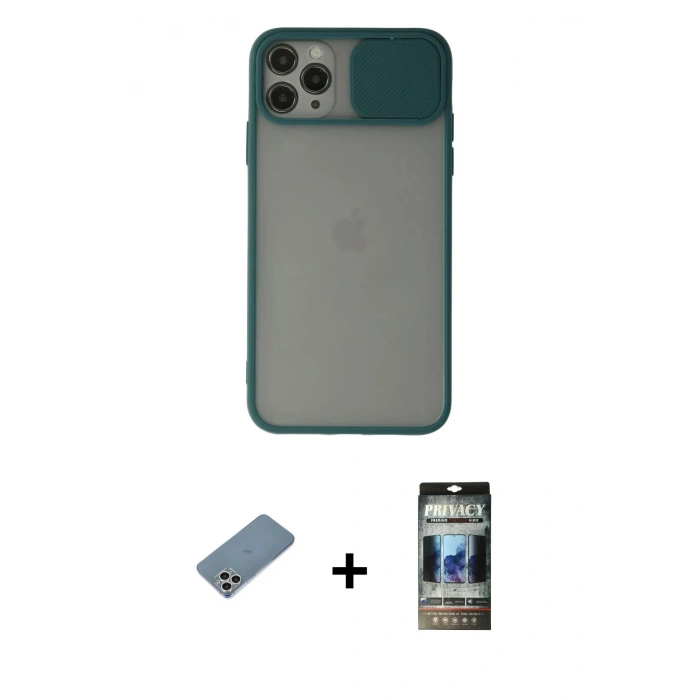 MARSİLYAN™- iPhone 11 Pro Kılıf Vadi Çizgi - Siyah 34D Hayalet Izgaralı Cam + Shine Kamera Lens Koruma Cam - GS