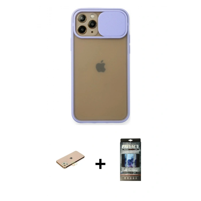 MARSİLYAN™- iPhone 11 Pro Kılıf Vadi Çizgi - Siyah 34D Hayalet Izgaralı Cam + Renkli Kamera Lens Koruma Cam - PE