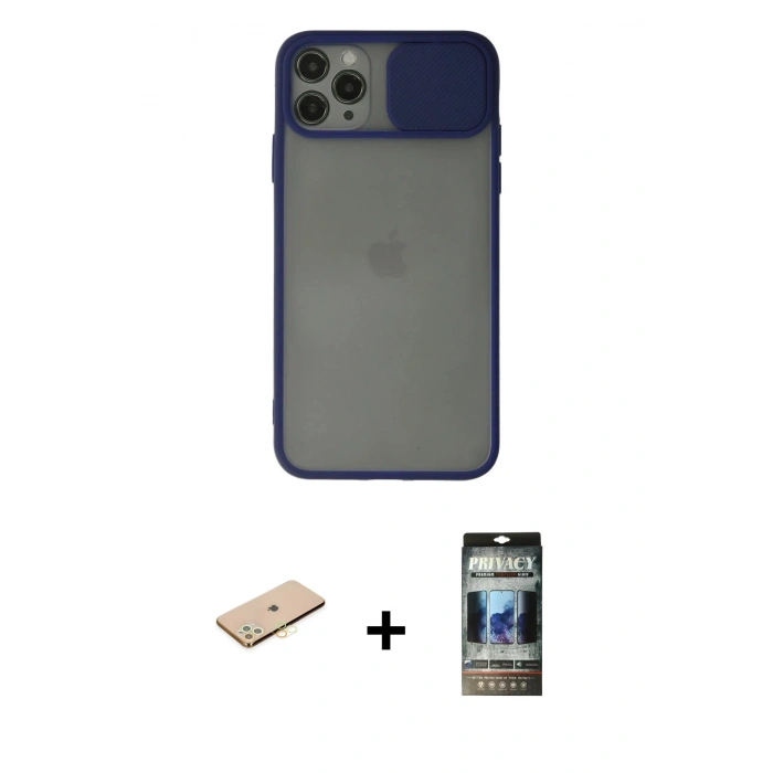 MARSİLYAN™- iPhone 11 Pro Kılıf Vadi Çizgi - Siyah 34D Hayalet Izgaralı Cam + Renkli Kamera Lens Koruma Cam - PE