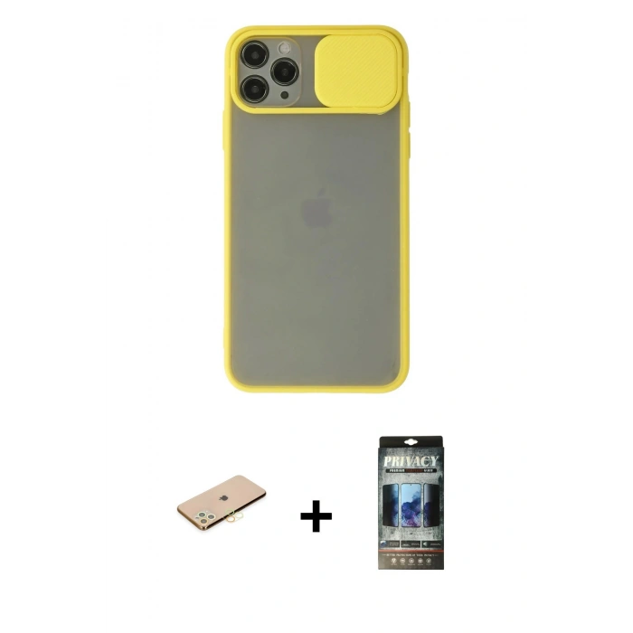 MARSİLYAN™- iPhone 11 Pro Kılıf Vadi Çizgi - Siyah 34D Hayalet Izgaralı Cam + Renkli Kamera Lens Koruma Cam - PE