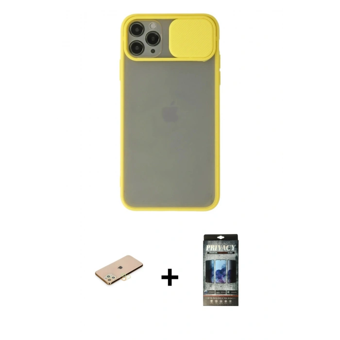 MARSİLYAN™- iPhone 11 Pro Kılıf Vadi Çizgi - Siyah 34D Hayalet Izgaralı Cam + Renkli Kamera Lens Koruma Cam - SI