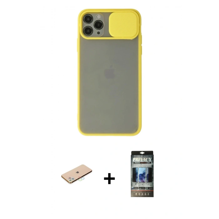 MARSİLYAN™- iPhone 11 Pro Kılıf Vadi Çizgi - Siyah 34D Hayalet Izgaralı Cam + Renkli Kamera Lens Koruma Cam - MI