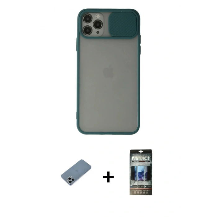 MARSİLYAN™- iPhone 11 Pro Kılıf Vadi Çizgi - Siyah 34D Hayalet Izgaralı Cam + Shine Kamera Lens Koruma Cam - SABE