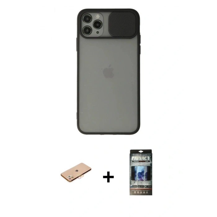MARSİLYAN™- iPhone 11 Pro Kılıf Vadi Çizgi - Siyah 34D Hayalet Izgaralı Cam + Renkli Kamera Lens Koruma Cam - TU