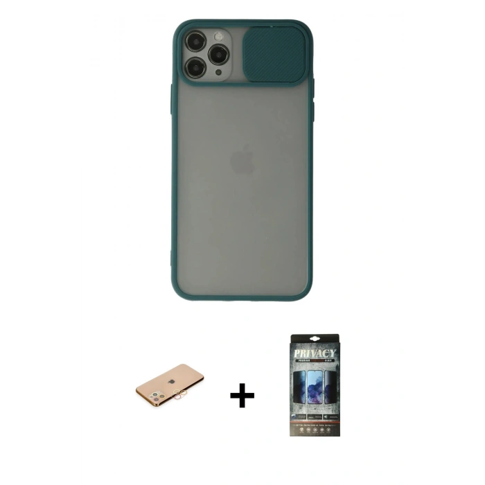 MARSİLYAN™- iPhone 11 Pro Kılıf Vadi Çizgi - Siyah 34D Hayalet Izgaralı Cam + Renkli Kamera Lens Koruma Cam - TU