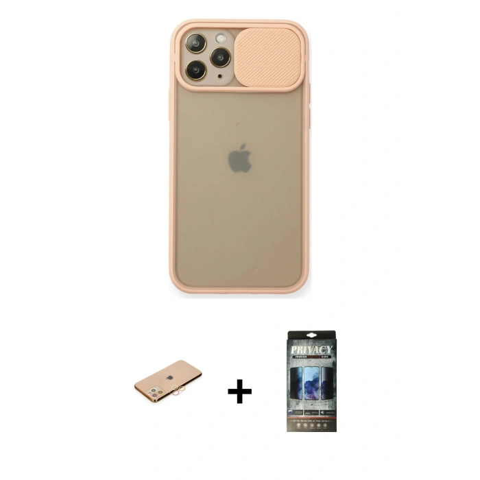 MARSİLYAN™- iPhone 11 Pro Kılıf Vadi Çizgi - Siyah 34D Hayalet Izgaralı Cam + Renkli Kamera Lens Koruma Cam - TU
