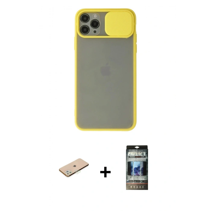 MARSİLYAN™- iPhone 11 Pro Kılıf Vadi Çizgi - Siyah 34D Hayalet Izgaralı Cam + Renkli Kamera Lens Koruma Cam - YL