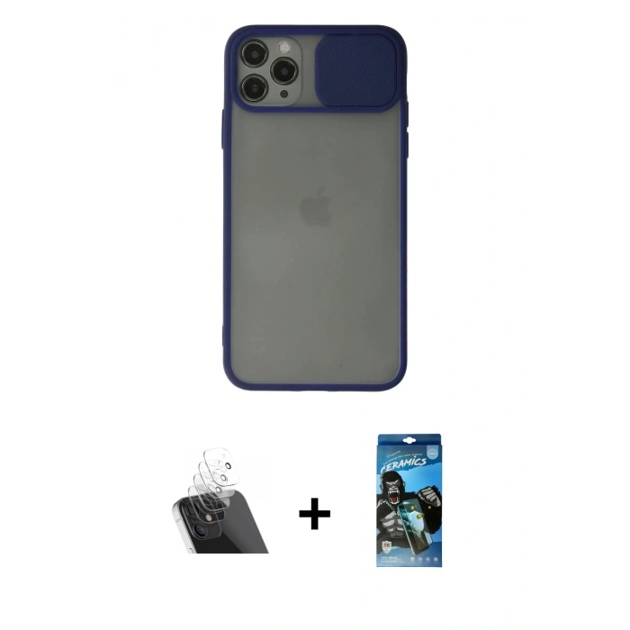 MARSİLYAN™- iPhone 11 Pro Kılıf Vadi Çizgi - Siyah 34D Izgaralı Cam + Kamera Lens Koruma Cam - SF