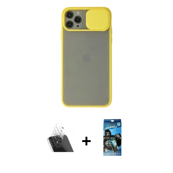 MARSİLYAN™- iPhone 11 Pro Kılıf Vadi Çizgi - Siyah 34D Izgaralı Cam + Kamera Lens Koruma Cam - SF