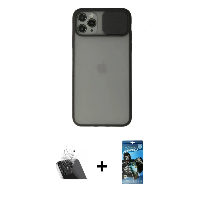 MARSİLYAN™- iPhone 11 Pro Kılıf Vadi Çizgi - Siyah 34D Izgaralı Cam + Kamera Lens Koruma Cam - SF
