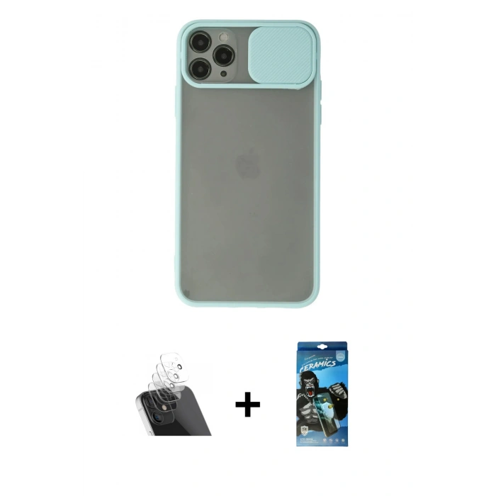MARSİLYAN™- iPhone 11 Pro Kılıf Vadi Çizgi - Siyah 34D Izgaralı Cam + Kamera Lens Koruma Cam - SF