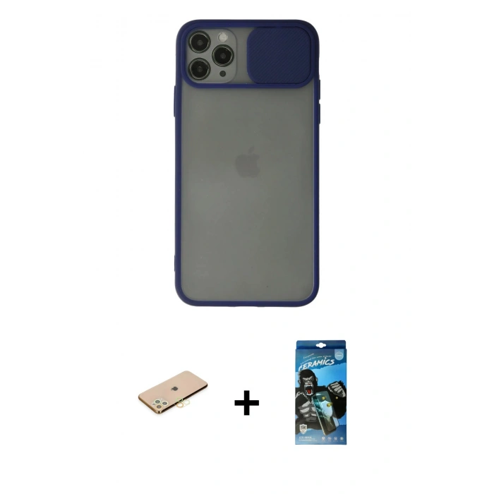 MARSİLYAN™- iPhone 11 Pro Kılıf Vadi Çizgi - Siyah 34D Izgaralı Cam + Renkli Kamera Lens Koruma Cam - PE