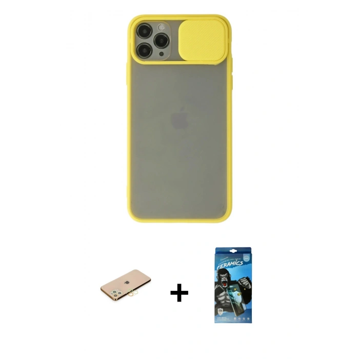 MARSİLYAN™- iPhone 11 Pro Kılıf Vadi Çizgi - Siyah 34D Izgaralı Cam + Renkli Kamera Lens Koruma Cam - PE
