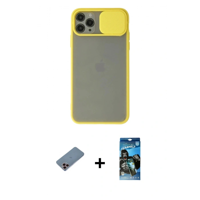 MARSİLYAN™- iPhone 11 Pro Kılıf Vadi Çizgi - Siyah 34D Izgaralı Cam + Shine Kamera Lens Koruma Cam - PE