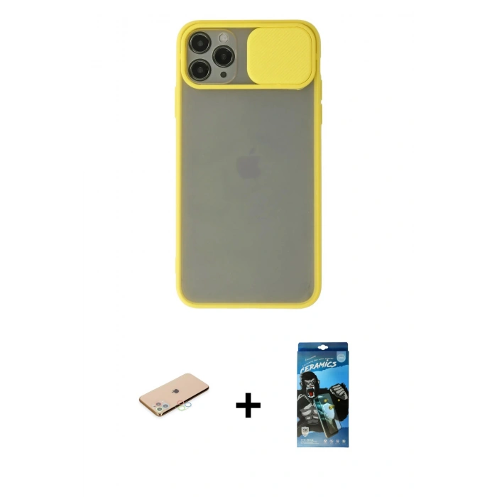 MARSİLYAN™- iPhone 11 Pro Kılıf Vadi Çizgi - Siyah 34D Izgaralı Cam + Renkli Kamera Lens Koruma Cam - MI