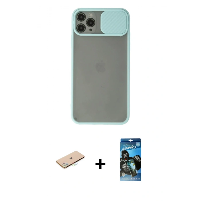 MARSİLYAN™- iPhone 11 Pro Kılıf Vadi Çizgi - Siyah 34D Izgaralı Cam + Renkli Kamera Lens Koruma Cam - MI