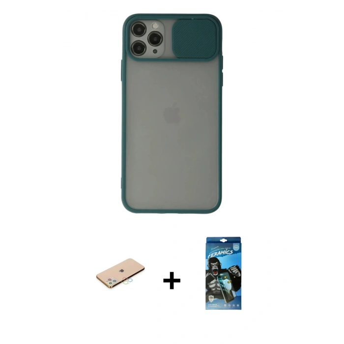 MARSİLYAN™- iPhone 11 Pro Kılıf Vadi Çizgi - Siyah 34D Izgaralı Cam + Renkli Kamera Lens Koruma Cam - MI