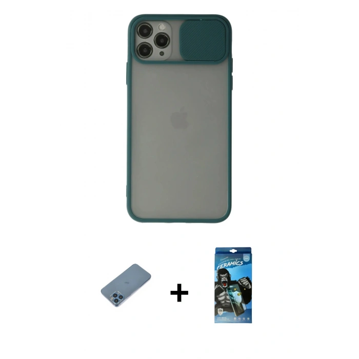 MARSİLYAN™- iPhone 11 Pro Kılıf Vadi Çizgi - Siyah 34D Izgaralı Cam + Shine Kamera Lens Koruma Cam - MI