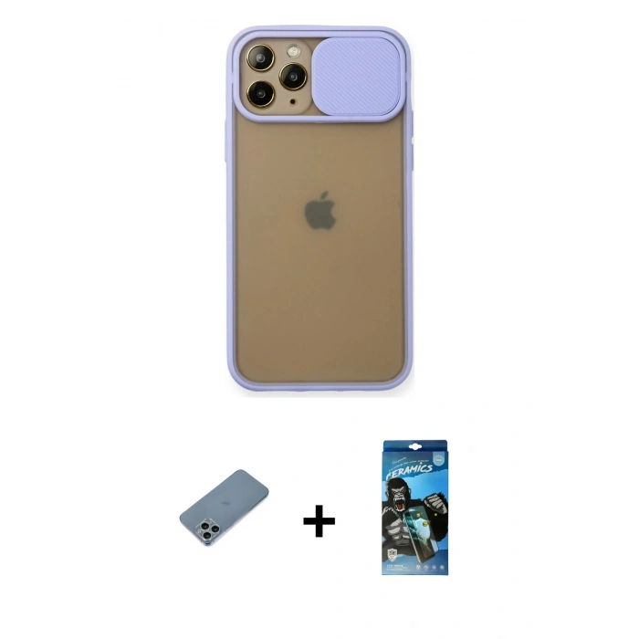 MARSİLYAN™- iPhone 11 Pro Kılıf Vadi Çizgi - Siyah 34D Izgaralı Cam + Shine Kamera Lens Koruma Cam - SABE