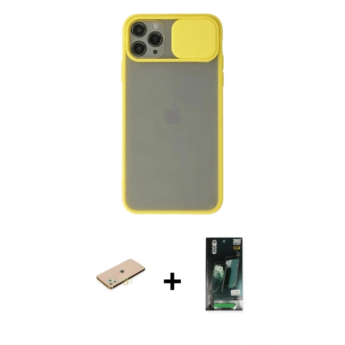 MARSİLYAN™- iPhone 11 Pro Kılıf Vadi Çizgi - Siyah 360 Mat Full Body Arka Koruyucu + Renkli Kamera Lens Koruma Cam - SI