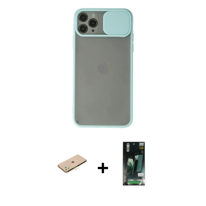 MARSİLYAN™- iPhone 11 Pro Kılıf Vadi Çizgi - Siyah 360 Mat Full Body Arka Koruyucu + Renkli Kamera Lens Koruma Cam - SI