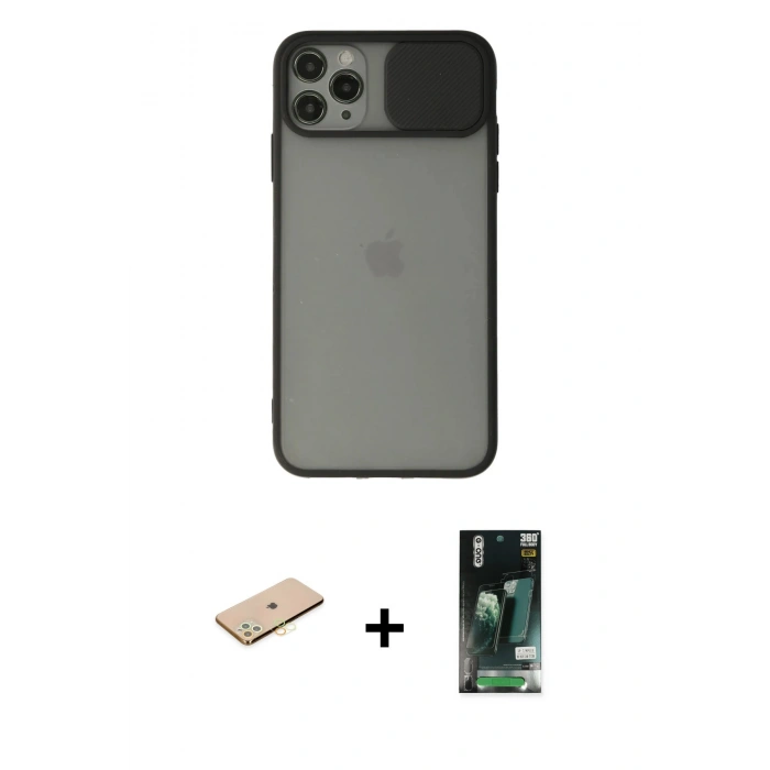 MARSİLYAN™- iPhone 11 Pro Kılıf Vadi Çizgi - Siyah 360 Mat Full Body Arka Koruyucu + Renkli Kamera Lens Koruma Cam - SI