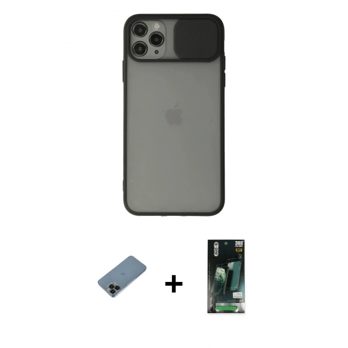 MARSİLYAN™- iPhone 11 Pro Kılıf Vadi Çizgi - Siyah 360 Mat Full Body Arka Koruyucu + Shine Kamera Lens Koruma Cam - SH