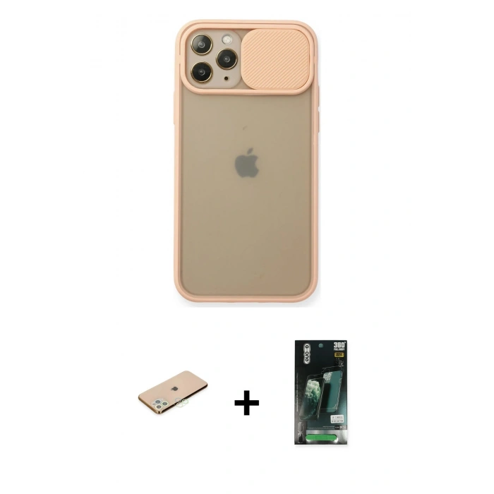 MARSİLYAN™- iPhone 11 Pro Kılıf Vadi Çizgi - Siyah 360 Mat Full Body Arka Koruyucu + Renkli Kamera Lens Koruma Cam - YL