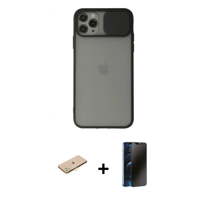 MARSİLYAN™- iPhone 11 Pro Kılıf Vadi Çizgi - Siyah 3D Antistatik Hayalet Cam Ekran Koruyucu + Renkli Kamera Lens Koruma Cam - SI