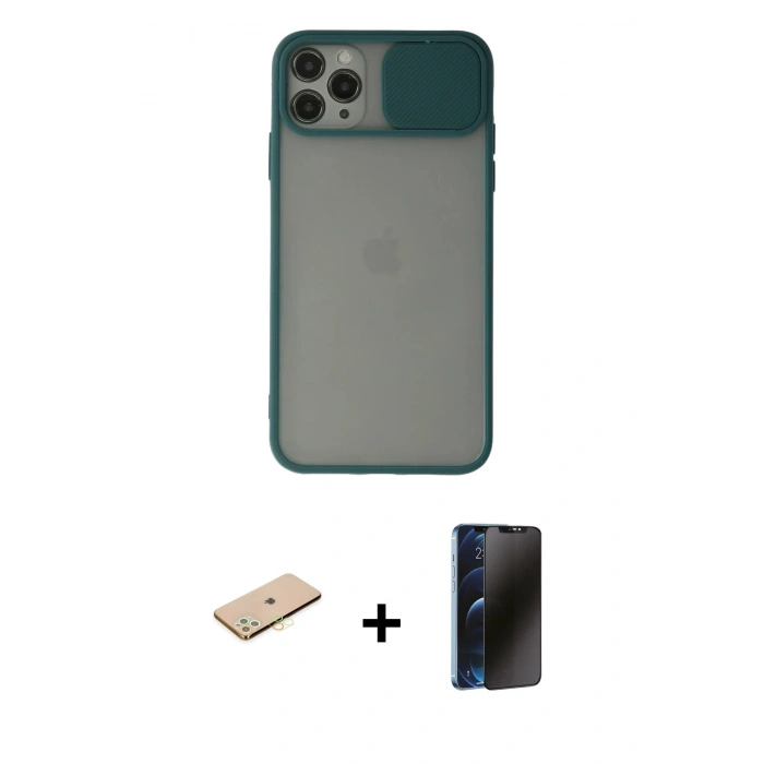 MARSİLYAN™- iPhone 11 Pro Kılıf Vadi Çizgi - Siyah 3D Antistatik Hayalet Cam Ekran Koruyucu + Renkli Kamera Lens Koruma Cam - SI