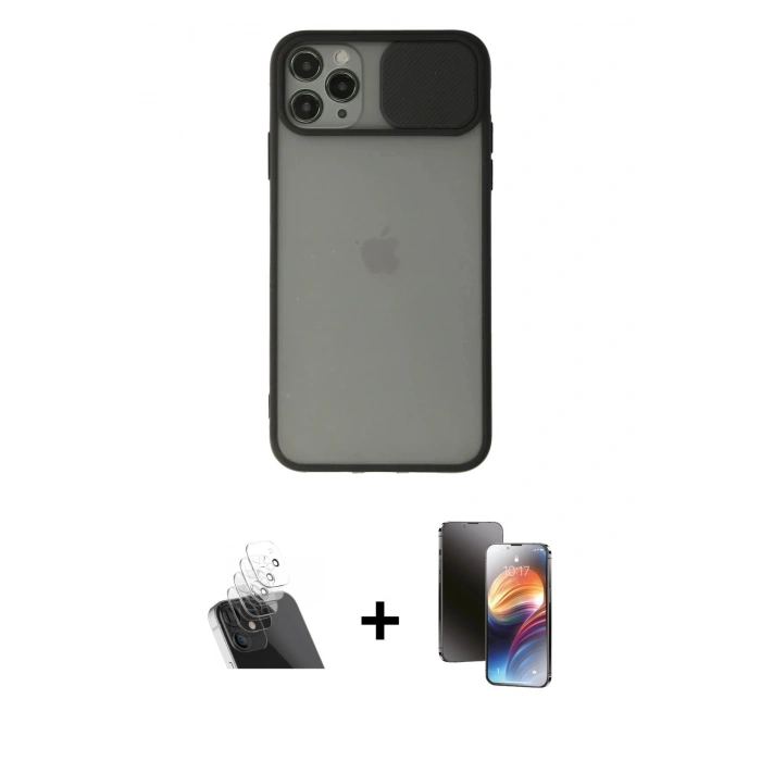 MARSİLYAN™- iPhone 11 Pro Kılıf Vadi Çizgi - Siyah 3D Antistatik Mat Seramik Nano Ekran Koruyucu + Kamera Lens Koruma Cam - SF