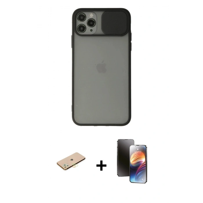 MARSİLYAN™- iPhone 11 Pro Kılıf Vadi Çizgi - Siyah 3D Antistatik Mat Seramik Nano Ekran Koruyucu + Sarı Renkli Kamera Lens Koruma Cam