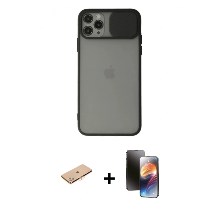 MARSİLYAN™- iPhone 11 Pro Kılıf Vadi Çizgi - Siyah 3D Antistatik Mat Seramik Nano Ekran Koruyucu + Turuncu Renkli Kamera Lens Koruma Cam