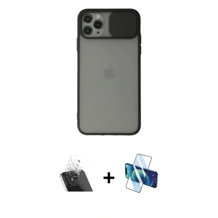 MARSİLYAN™- iPhone 11 Pro Kılıf Vadi Çizgi - Siyah 3D Antistatik Seramik Nano Ekran Koruyucu + Kamera Lens Koruma Cam - SF