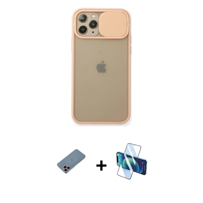 MARSİLYAN™- iPhone 11 Pro Kılıf Vadi Çizgi - Siyah 3D Antistatik Seramik Nano Ekran Koruyucu + Pembe Shine Kamera Lens Koruma Cam