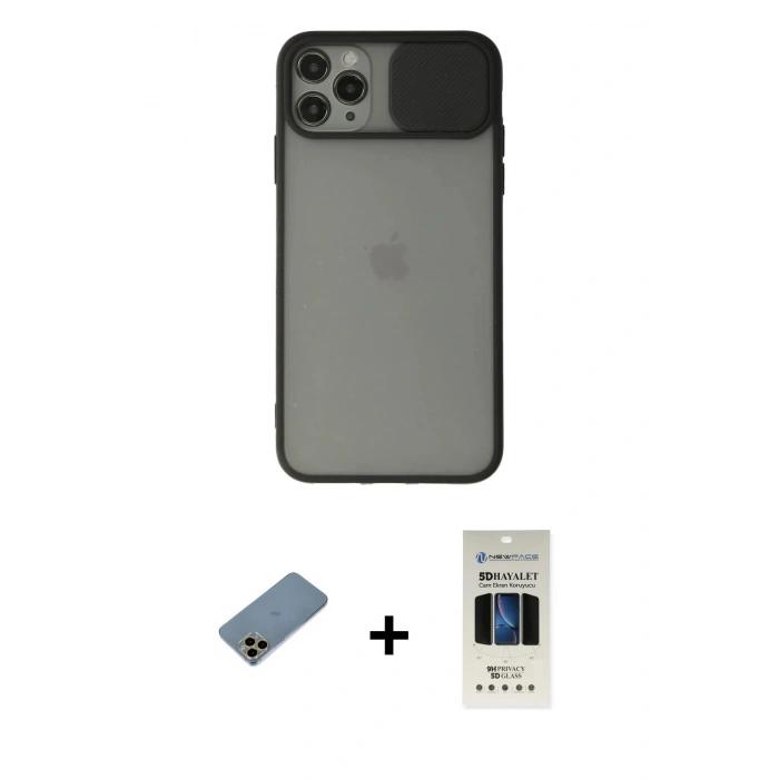 MARSİLYAN™- iPhone 11 Pro Kılıf Vadi Çizgi - Siyah 5D Hayalet Cam Ekran Koruyucu + Shine Kamera Lens Koruma Cam - GD