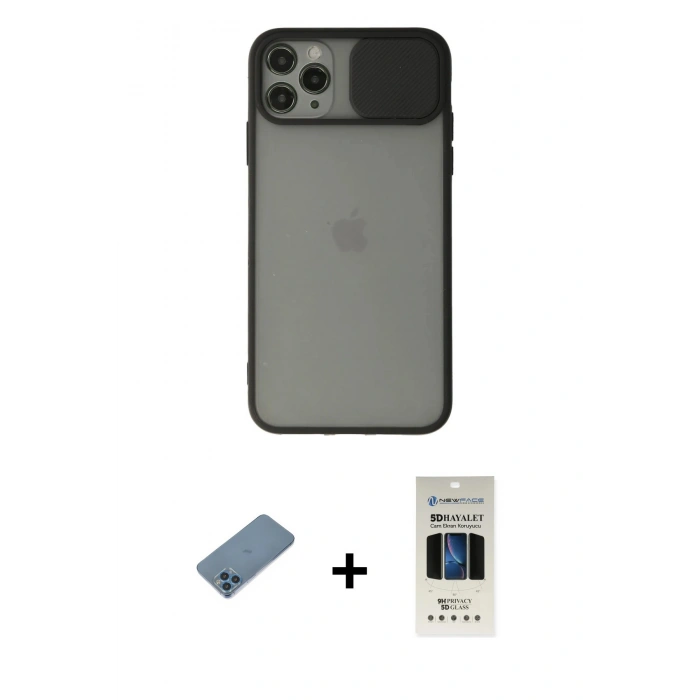 MARSİLYAN™- iPhone 11 Pro Kılıf Vadi Çizgi - Siyah 5D Hayalet Cam Ekran Koruyucu + Shine Kamera Lens Koruma Cam - MI