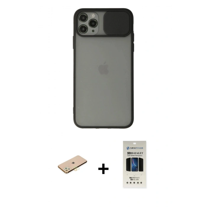 MARSİLYAN™- iPhone 11 Pro Kılıf Vadi Çizgi - Siyah 5D Hayalet Cam Ekran Koruyucu + Renkli Kamera Lens Koruma Cam - SI